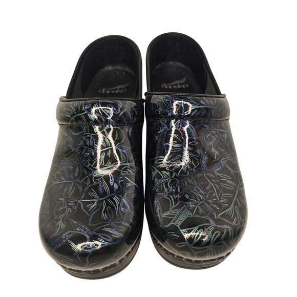 Dansko Professional Shoes Womens Size 37 Black Floral Patent Leather Work Clogs - Picture 1 of 11